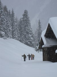 Hikers walking on snow against sky