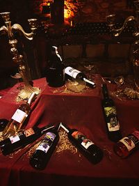 High angle view of wine bottles on table