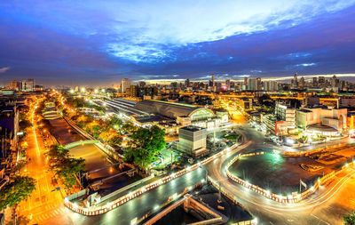 High angle view of illuminated city buildings at night bangkok thailand