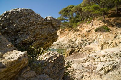 Close-up of rock formation against sky