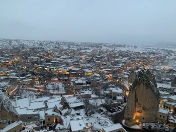 High angle view of townscape against sky during winter