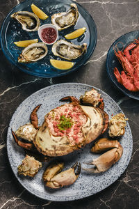 High angle view of food in plate on table