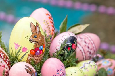 Close-up of multi colored eggs