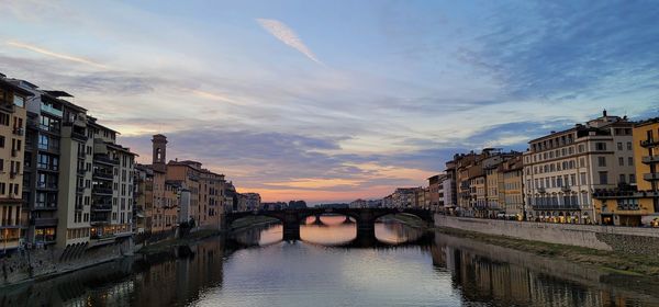 Bridge over river in city against sky during sunset