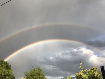 Low angle view of rainbow over trees against sky