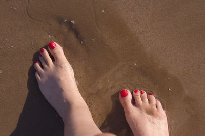 Low section of woman feet on sand