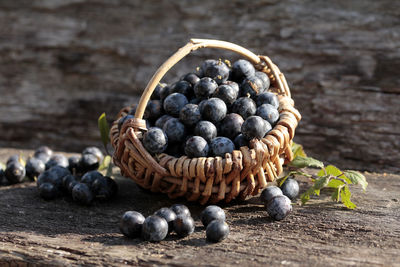 Close-up of blueberries in basket on table