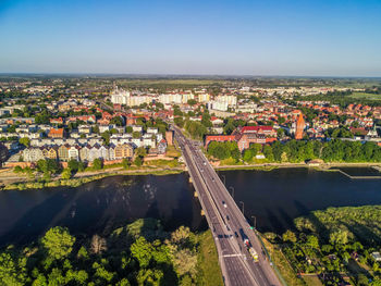High angle view of townscape against sky in city