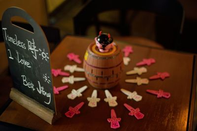 Close up of decorations on table
