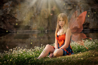 Full length of woman sitting by lake