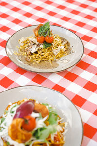 High angle view of food in plate on table