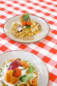 High angle view of food in plate on table