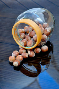 High angle view of eggs in bowl on table