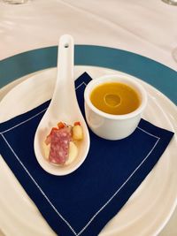 High angle view of breakfast served on table