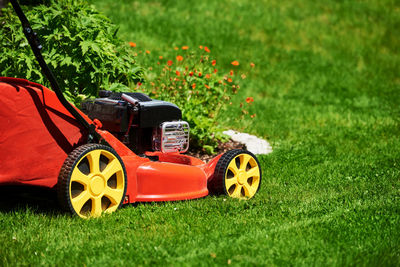 High angle view of toy car on field