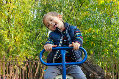 Laughing little boy riding on a swing and looking at camera in a park