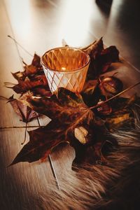 Close-up of dry leaf on table