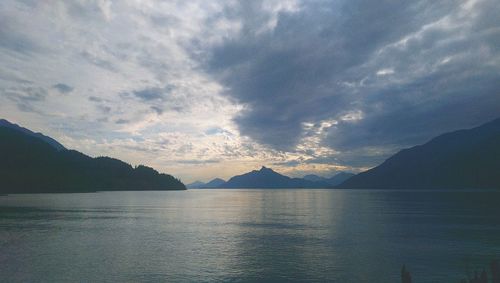 Scenic view of lake against cloudy sky