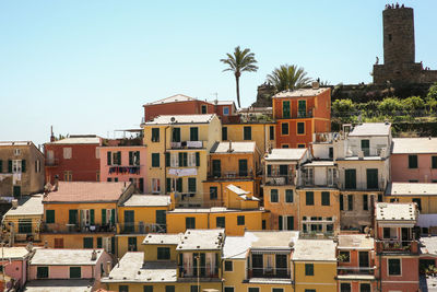 Scenic view of town next to sea against clear sky