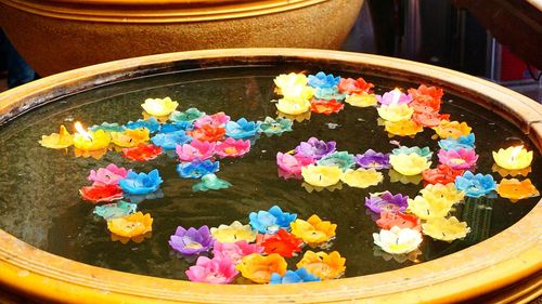 High angle view of multi colored flowers on table