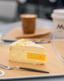 Close-up of cake in plate on table