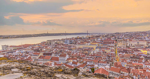 High angle view of townscape against sky during sunset
