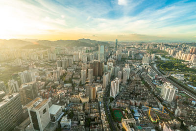 Buildings in shenzhen, guangdong province, china, at sunset