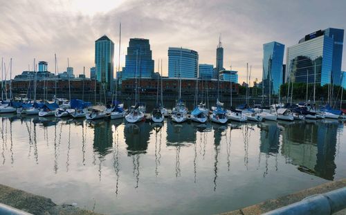 Sailboats moored in marina against buildings in city