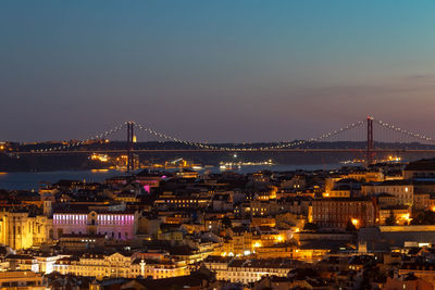 Illuminated bridge over river in city at night