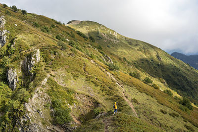 Rear view of young woman in yellow hoodie  with backpack hiking in picturesque mountain valley 