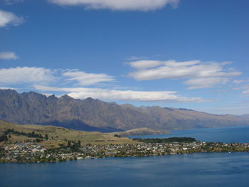 Scenic view of river and mountains against sky