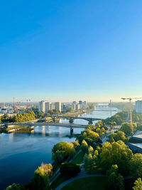 Bridge over river by city against clear blue sky