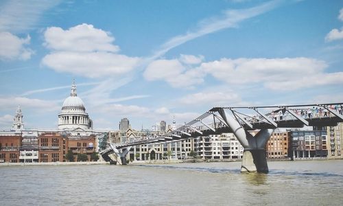 Bridge over river by buildings against sky in city