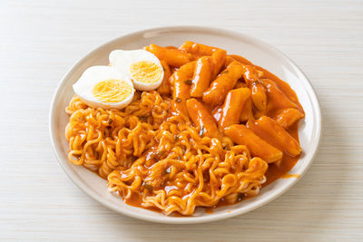 High angle view of food in plate on table