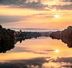 Scenic view of lake against orange sky