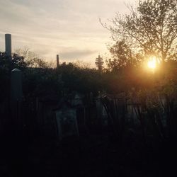 Fence on field at sunset