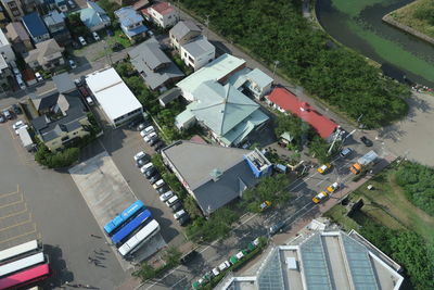 High angle view of buildings and street in city