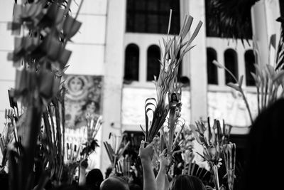 Close-up of people in front of building