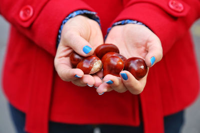 Midsection of woman holding chestnuts outdoors