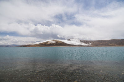 Scenic view of lake by mountains against sky