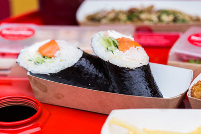 Close-up of sushi served on table