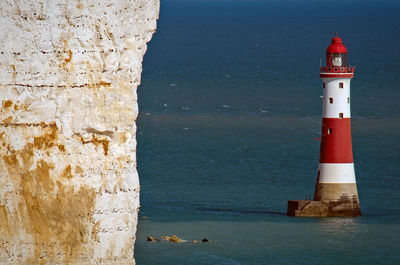 Lighthouse by sea against sky