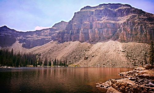 Scenic view of lake and mountains against sky