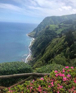 Scenic view of sea and mountains against sky