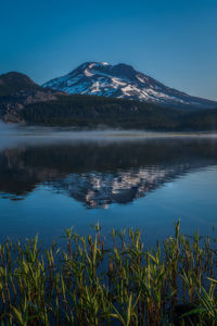 Scenic view of lake by mountains against clear blue sky