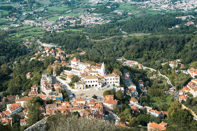 Aerial view of sintra national palace in portugal. landscape with trees and buildings