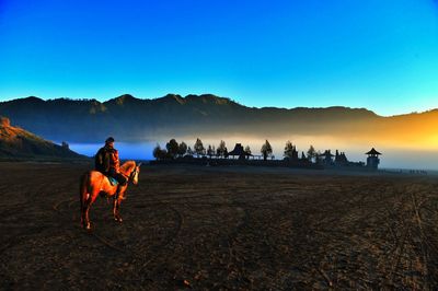 Man riding horses on landscape against blue sky