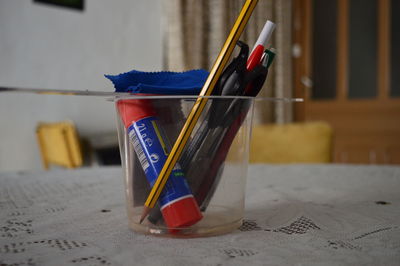 Stationery or school supplies on table