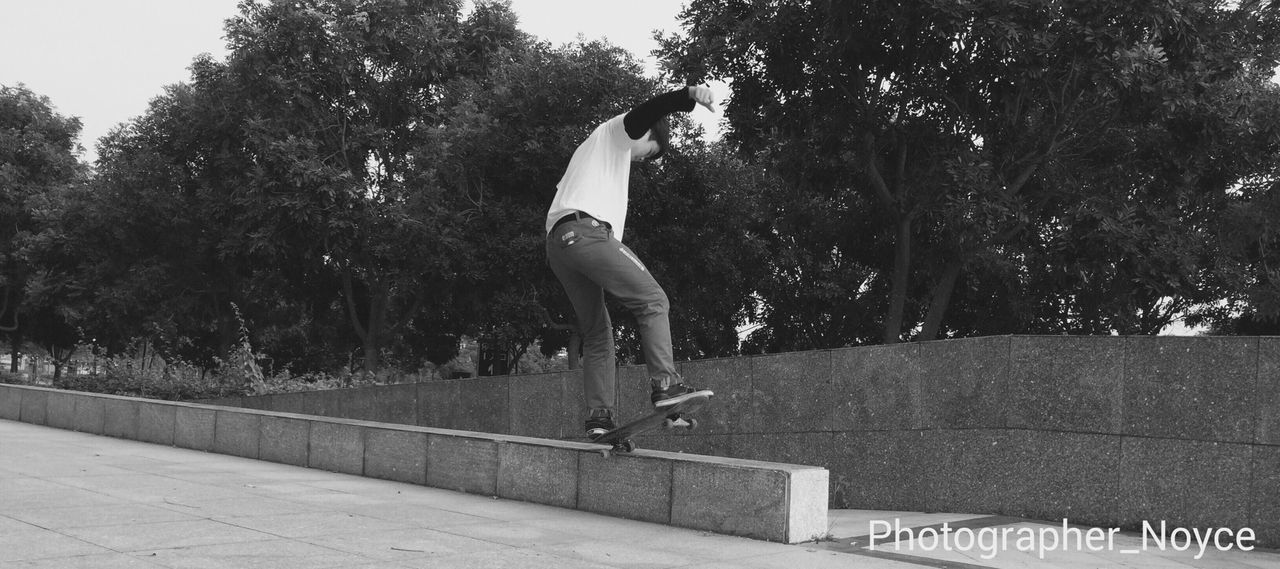 tree, full length, lifestyles, leisure activity, casual clothing, railing, rear view, walking, standing, men, childhood, park - man made space, side view, day, outdoors, person, road, boys