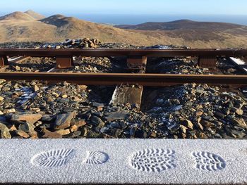 High angle view of railroad tracks by mountains